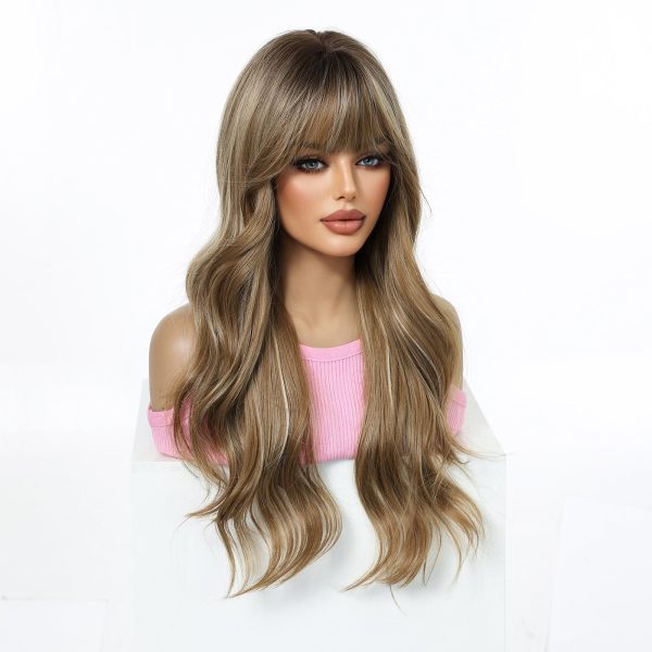 24 Inch Brown Balayage Body Wave Wig with Bangs – Synthetic Hair