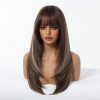 22 Inch Chestnut Brown Balayage Wavy Wig with Bangs – Synthetic Hair