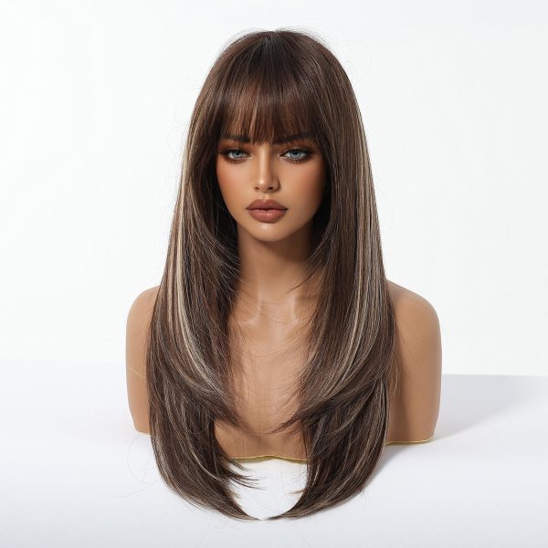 22 Inch Chestnut Brown Balayage Wavy Wig with Bangs – Synthetic Hair