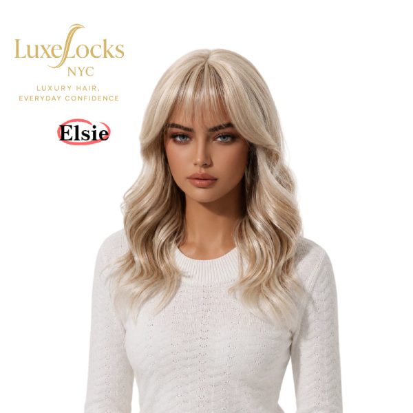 Ash Blonde Mid-Length Straight Wig with Bangs – Layered Synthetic Hair 16 Inch