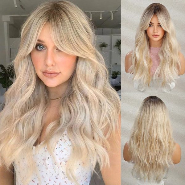 Platinum Blonde Long Body Wave Wig with Bangs – Rooted Ash Golden Synthetic Hair Platinum Blonde Long Body Wave Wig with Bangs – Rooted Ash Golden Synthetic Hair