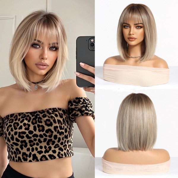 Ash Blonde Short Bob Wig with Bangs – Rooted Dark Tips Straight Synthetic Hair 14 Inch Ash Blonde Short Bob Wig with Bangs – Rooted Dark Tips Straight Synthetic Hair 14 Inch