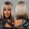 Ash Blonde Rooted Short Bob Wig – Dark Root Silver Tip Synthetic Hair