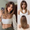 Shoulder Length Warm Brown Caramel Straight Wig with Bangs – Synthetic Hair