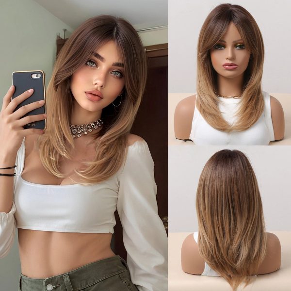 Shoulder Length Warm Brown Caramel Straight Wig with Bangs – Synthetic Hair