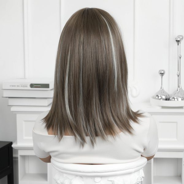 16 Inch Brown Bob Wig with Bangs - Silver Balayage Synthetic Hair 16 Inch Brown Bob Wig with Bangs – Silver Balayage Synthetic Hair