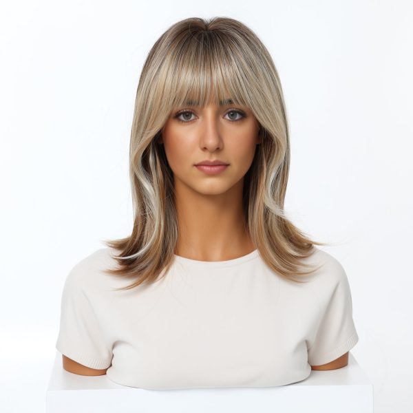 16 Inch Brown to Blonde Balayage Lob Wig with Bangs – Synthetic Hair 16 Inch Brown to Blonde Balayage Lob Wig with Bangs – Synthetic Hair