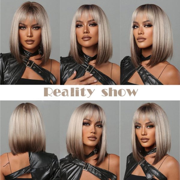 Ash Blonde Rooted Short Bob Wig – Dark Root Silver Tip Synthetic Hair