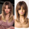 Shoulder Length Warm Brown Caramel Straight Wig with Bangs – Synthetic Hair