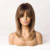 Shoulder Length Warm Brown Caramel Straight Wig with Bangs – Synthetic Hair