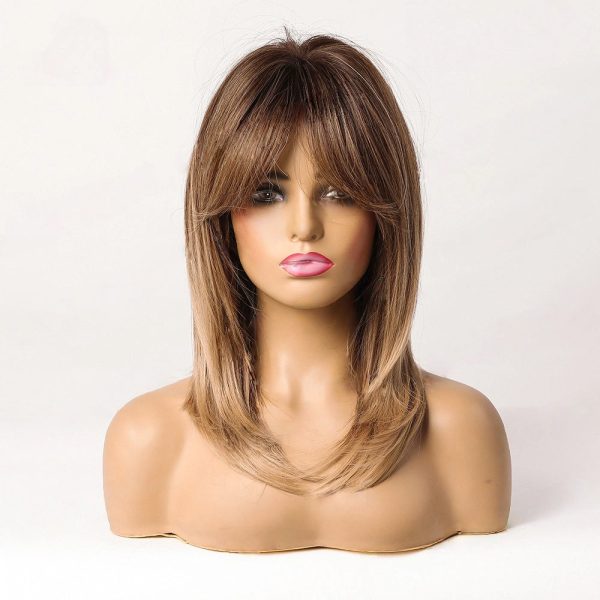 Shoulder Length Warm Brown Caramel Straight Wig with Bangs – Synthetic Hair