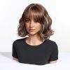 10 Inch Brown Wavy Bob Wig with Bangs – Caramel Highlight Synthetic Hair