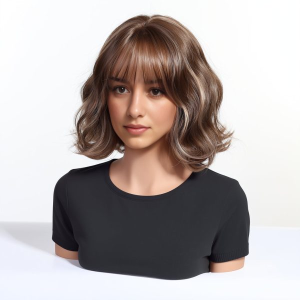 10 Inch Brown Wavy Bob Wig with Bangs – Caramel Highlight Synthetic Hair