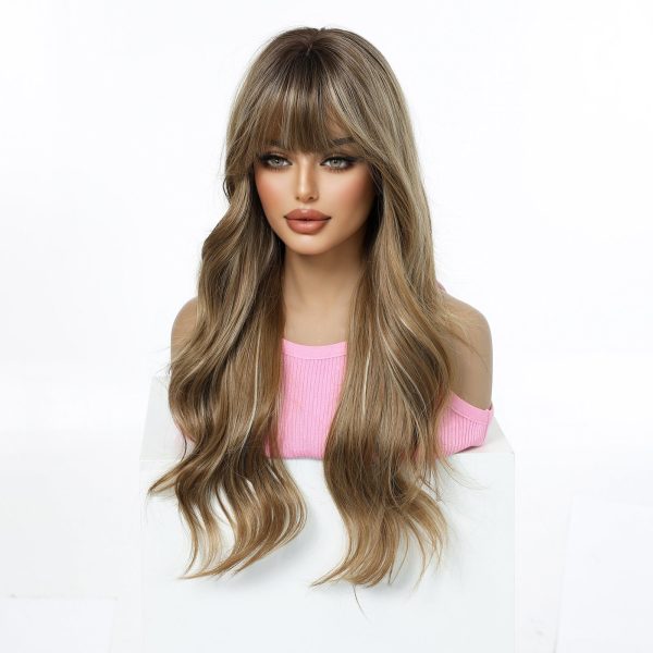 24 Inch Brown Balayage Body Wave Wig with Bangs – Synthetic Hair