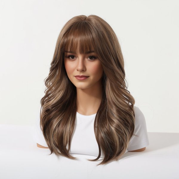20 Inch Chestnut Brown Balayage Wavy Wig with Bangs – Synthetic Hair