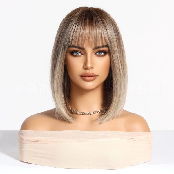Ash Blonde Short Bob Wig with Bangs – Rooted Dark Tips Straight Synthetic Hair 14 Inch Ash Blonde Short Bob Wig with Bangs – Rooted Dark Tips Straight Synthetic Hair 14 Inch