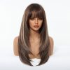 22 Inch Chestnut Brown Balayage Wavy Wig with Bangs – Synthetic Hair