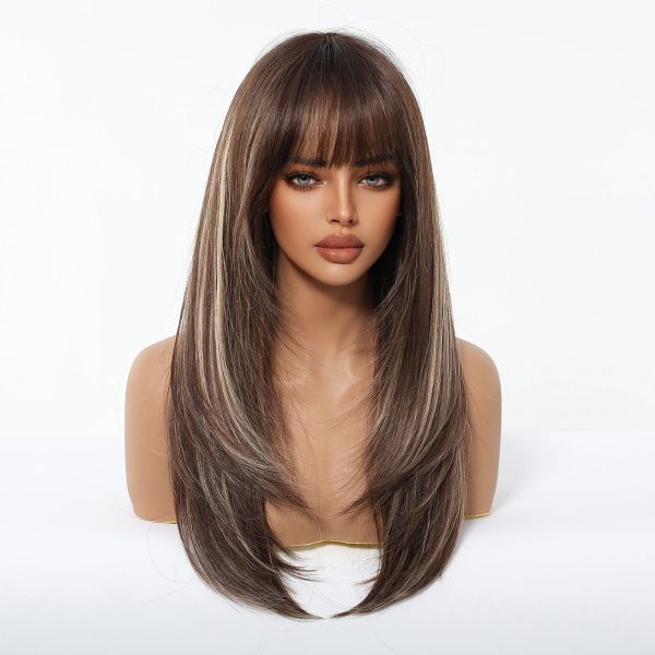 22 Inch Chestnut Brown Balayage Wavy Wig with Bangs – Synthetic Hair
