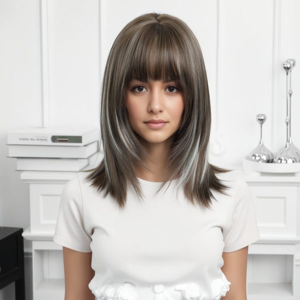 16 Inch Brown Bob Wig with Bangs - Silver Balayage Synthetic Hair 16 Inch Brown Bob Wig with Bangs – Silver Balayage Synthetic Hair