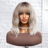 Ash Blonde Rooted Body Wave Wig with Bangs – Dark Root Platinum Tips Synthetic Hair