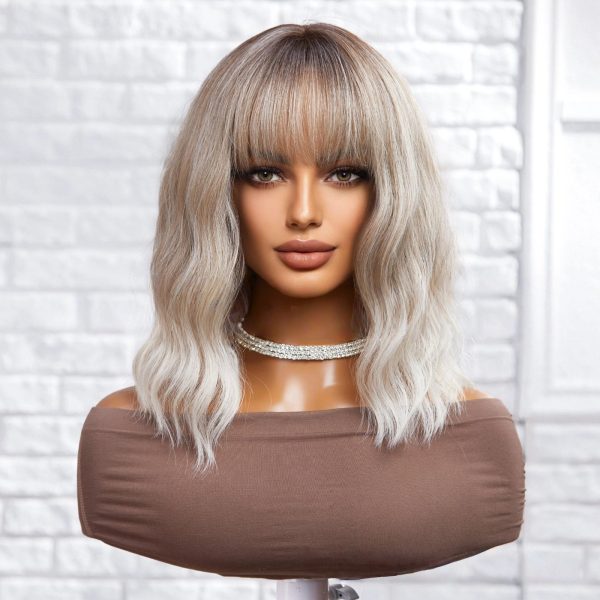 Ash Blonde Rooted Body Wave Wig with Bangs – Dark Root Platinum Tips Synthetic Hair