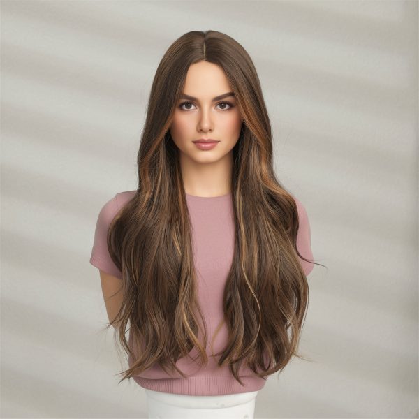 24 Inch Medium Brown Wavy Wig – Caramel Highlight Synthetic Hair 24 Inch Medium Brown Wavy Wig – Caramel Highlight Synthetic Hair