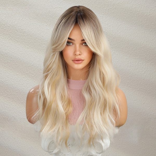 Platinum Blonde Long Body Wave Wig with Bangs – Rooted Ash Golden Synthetic Hair Platinum Blonde Long Body Wave Wig with Bangs – Rooted Ash Golden Synthetic Hair