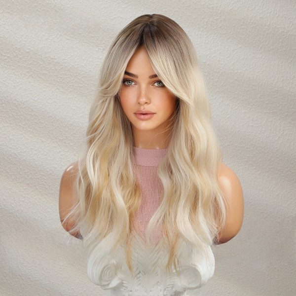 Platinum Blonde Long Body Wave Wig with Bangs – Rooted Ash Golden Synthetic Hair Platinum Blonde Long Body Wave Wig with Bangs – Rooted Ash Golden Synthetic Hair