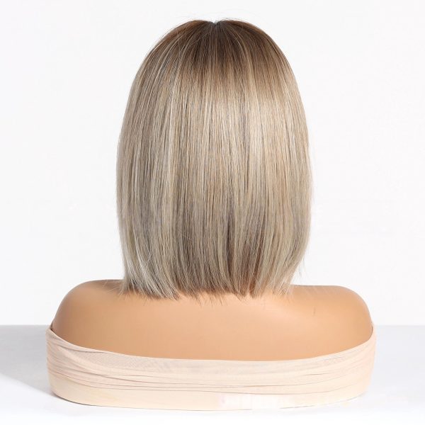 Ash Blonde Short Bob Wig with Bangs – Rooted Dark Tips Straight Synthetic Hair 14 Inch Ash Blonde Short Bob Wig with Bangs – Rooted Dark Tips Straight Synthetic Hair 14 Inch