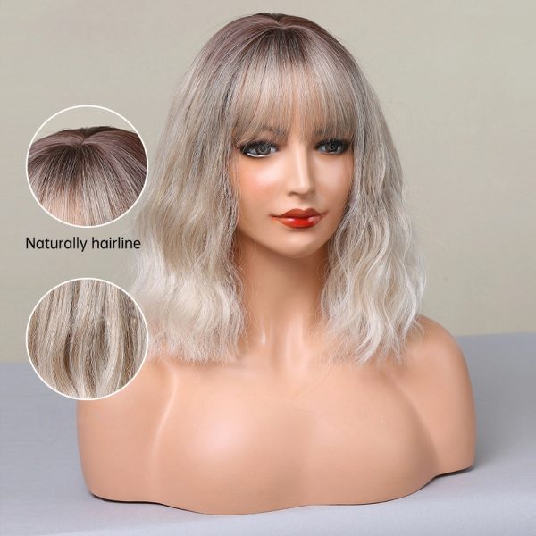 Ash Blonde Rooted Body Wave Wig with Bangs – Dark Root Platinum Tips Synthetic Hair