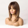 Shoulder Length Warm Brown Caramel Straight Wig with Bangs – Synthetic Hair