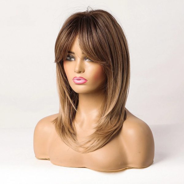 Shoulder Length Warm Brown Caramel Straight Wig with Bangs – Synthetic Hair
