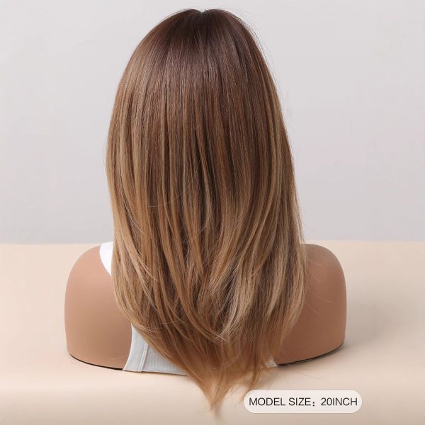 Shoulder Length Warm Brown Caramel Straight Wig with Bangs – Synthetic Hair