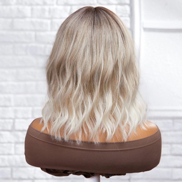 Ash Blonde Rooted Body Wave Wig with Bangs – Dark Root Platinum Tips Synthetic Hair