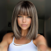 12 Inch Ash Brown Balayage Short Bob Wig with Bangs - Layered Synthetic Hair 12 Inch Ash Brown Balayage Short Bob Wig with Bangs – Layered Synthetic Hair