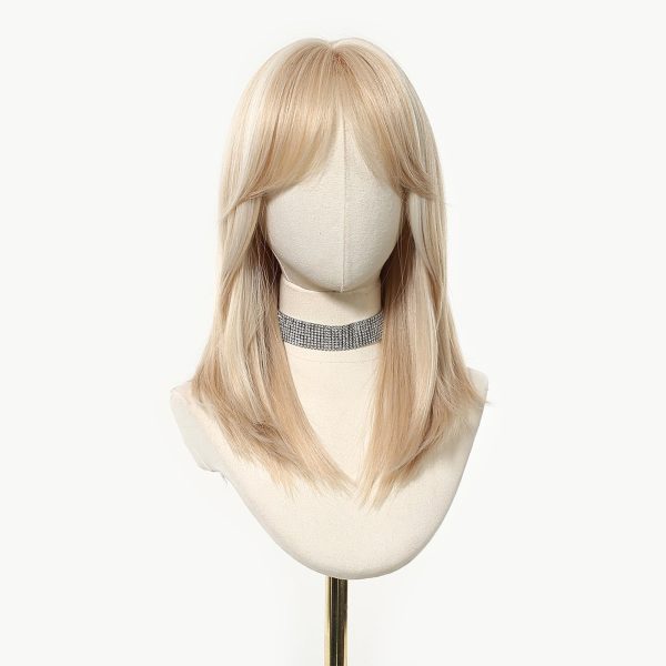 18 Inch Platinum Blonde Balayage Mid-Length Wavy Wig – Layered Synthetic Hair