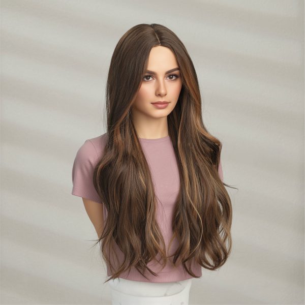 24 Inch Medium Brown Wavy Wig – Caramel Highlight Synthetic Hair 24 Inch Medium Brown Wavy Wig – Caramel Highlight Synthetic Hair