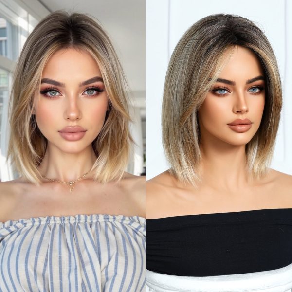 10 Inch Ash Brown Balayage Bob Wig - Honey Blonde Synthetic Hair 10 Inch Ash Brown Balayage Bob Wig – Honey Blonde Synthetic Hair