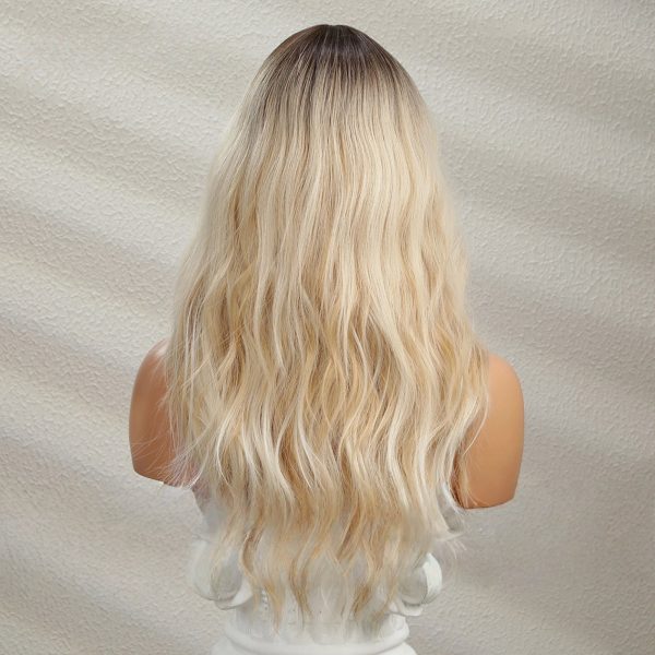 Platinum Blonde Long Body Wave Wig with Bangs – Rooted Ash Golden Synthetic Hair Platinum Blonde Long Body Wave Wig with Bangs – Rooted Ash Golden Synthetic Hair