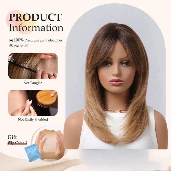 Shoulder Length Warm Brown Caramel Straight Wig with Bangs – Synthetic Hair