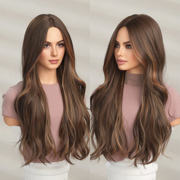 24 Inch Medium Brown Wavy Wig – Caramel Highlight Synthetic Hair 24 Inch Medium Brown Wavy Wig – Caramel Highlight Synthetic Hair
