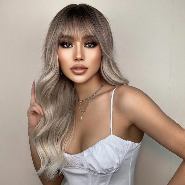 Ash Blonde Long Body Wave Wig – Dark Rooted Platinum Synthetic Hair