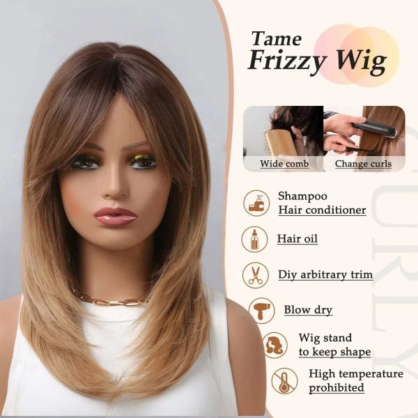 Shoulder Length Warm Brown Caramel Straight Wig with Bangs – Synthetic Hair