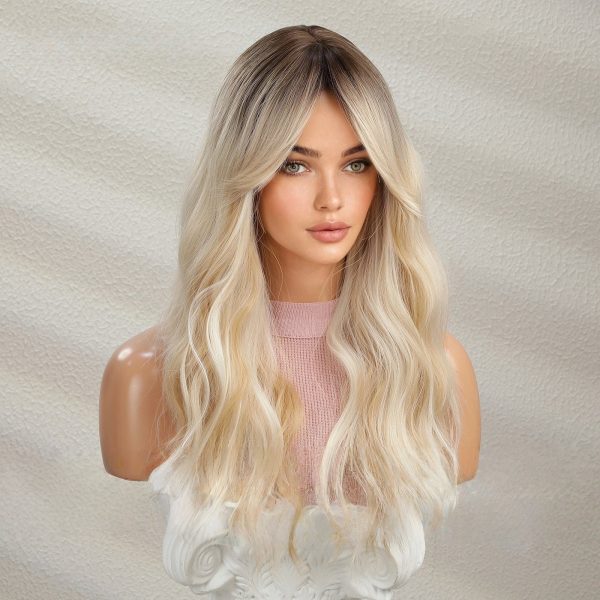 Platinum Blonde Long Body Wave Wig with Bangs – Rooted Ash Golden Synthetic Hair Platinum Blonde Long Body Wave Wig with Bangs – Rooted Ash Golden Synthetic Hair