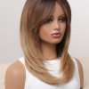 Shoulder Length Warm Brown Caramel Straight Wig with Bangs – Synthetic Hair