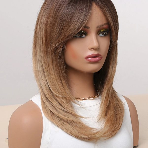 Shoulder Length Warm Brown Caramel Straight Wig with Bangs – Synthetic Hair