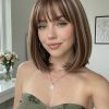12 Inch Chestnut Brown Balayage Bob Wig with Bangs – Synthetic Hair
