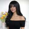 Jet Black Long Body Wave Wig with Bangs – Deep Wave Synthetic Hair