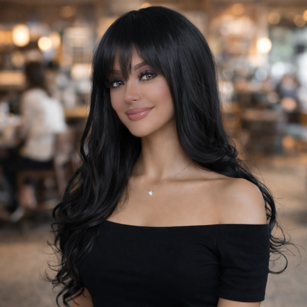 Jet Black Long Body Wave Wig with Bangs – Deep Wave Synthetic Hair