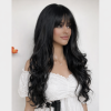 Jet Black Long Body Wave Wig with Bangs – Deep Wave Synthetic Hair